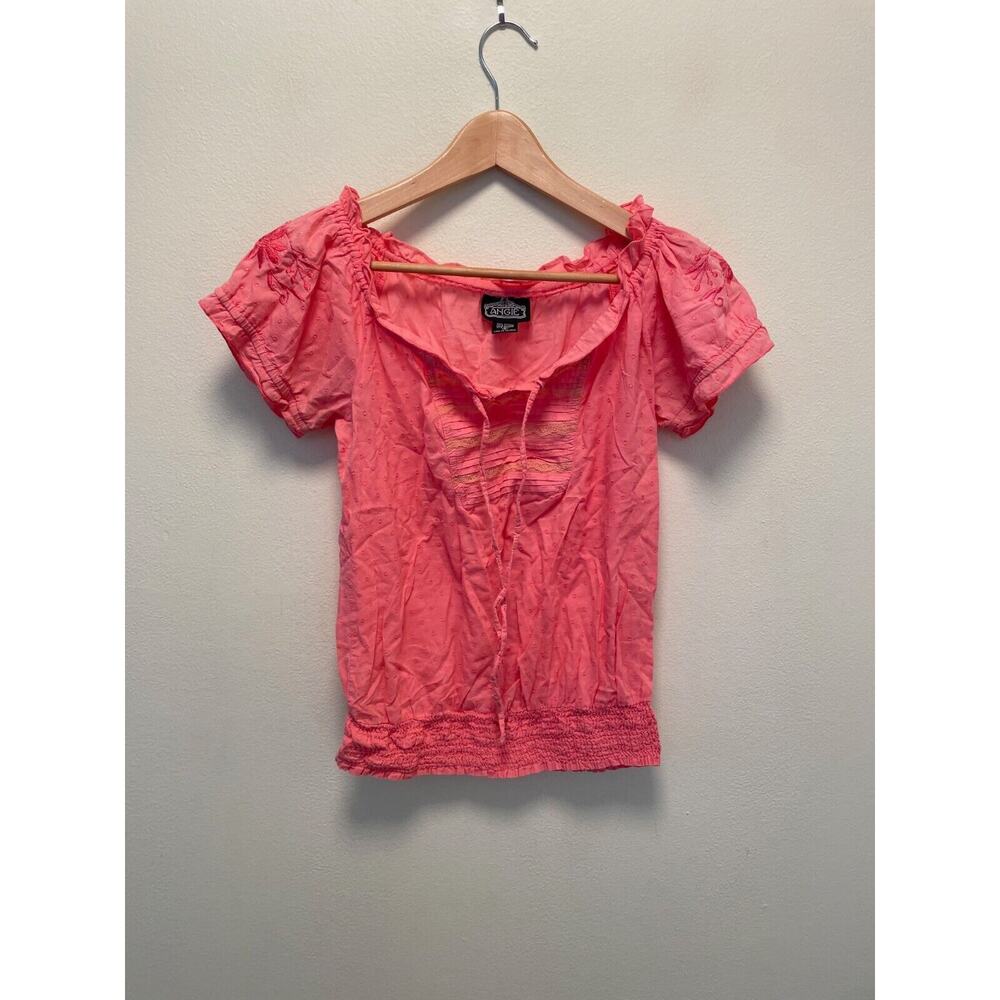Vintage Angie Junior Top Small Pink Swiss Dot Sheer Smocked Embroidered Boho Y2K
